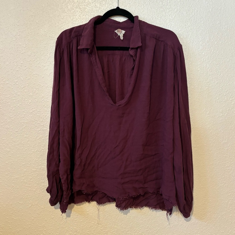 Free People One Maroon Split Neck Raw Hem Long Sleeve Blouse Medium/Large